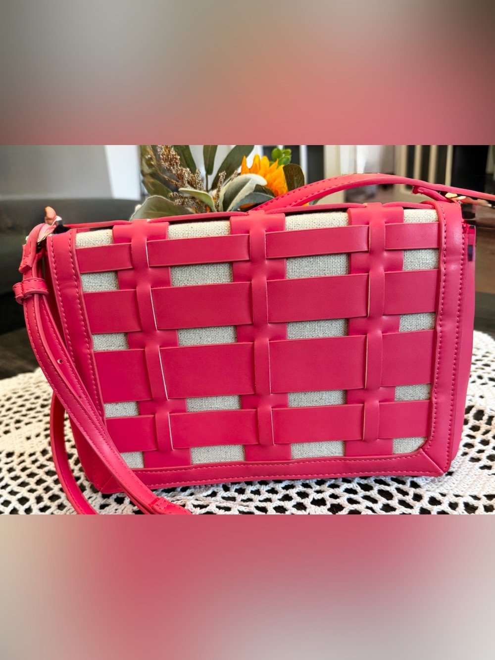 A New Day Pink Woven Basket Weave Crossbody Top Handle Bag - Picture 3 of 14